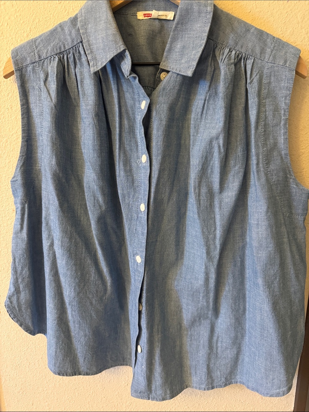 Levi's Chambray Sleeveless Button-Up Shirt in Light Blue (runs big)